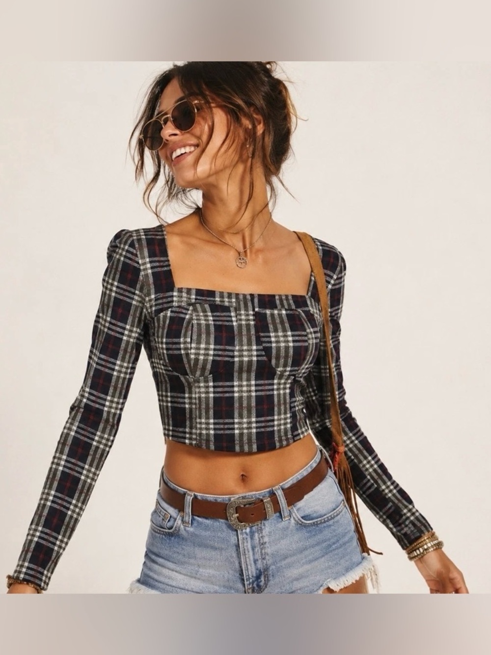 Free People Size 6 “Modern Love" Plaid Crop Top Long Sleeve